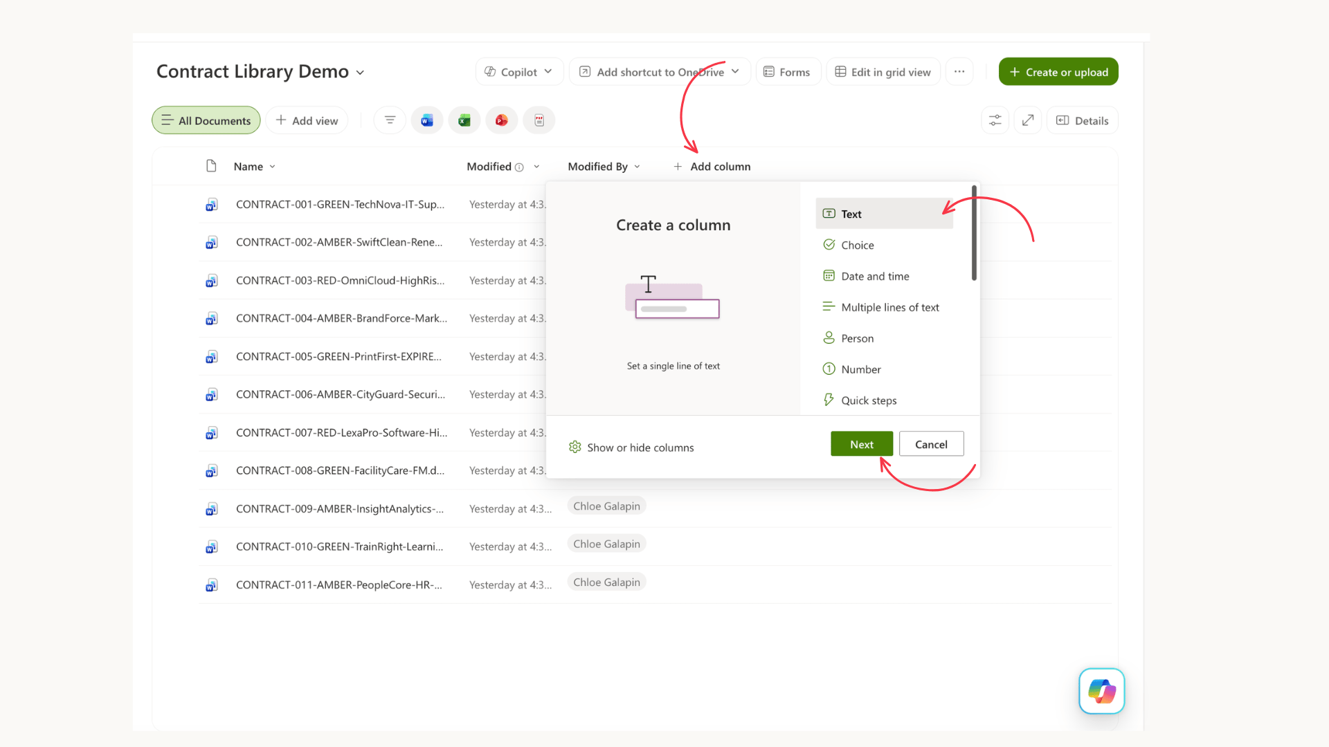 Showing where to click to create an Autofill column on SharePoint