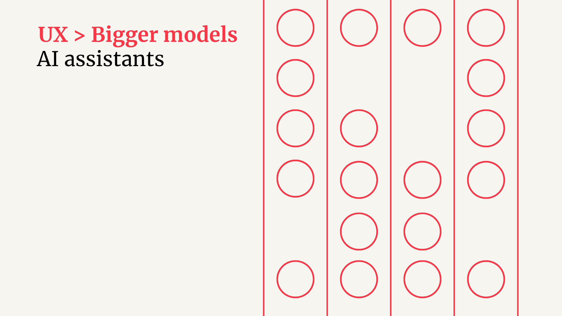 UX>Bigger models AI assistants is the title next to a pattern of circles and lines in red 