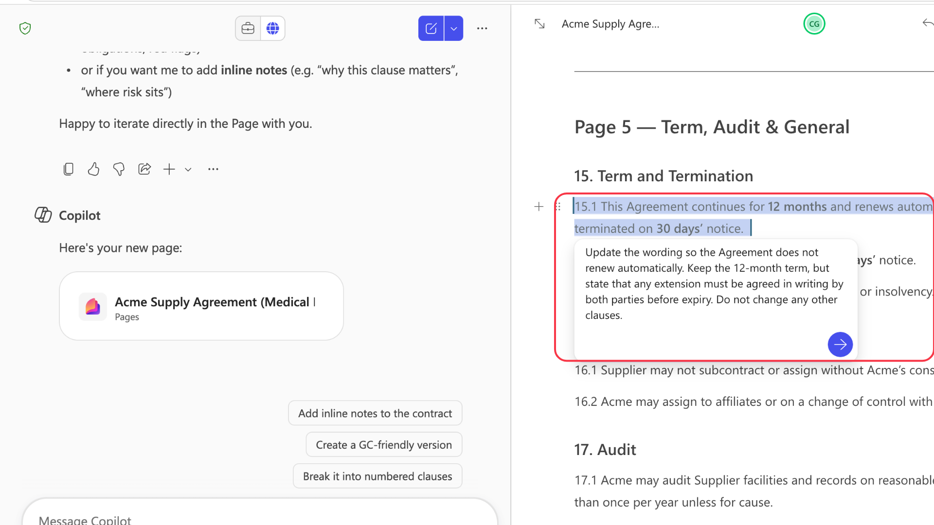Contract editing inside pages
